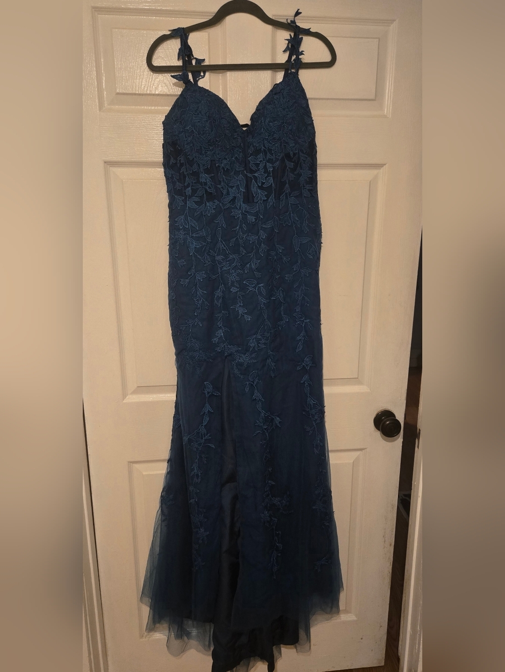 Deep Teal Lace Appliqué Evening Gown